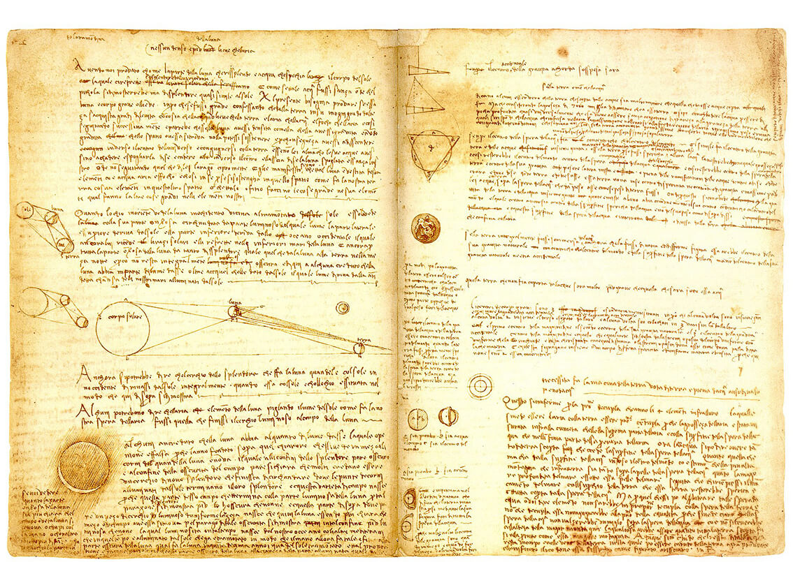 דפי יומן של ליאונרדו דה ויצי' כתובים בכתב סתרים : כתב ראי בלטינית עתיקה.